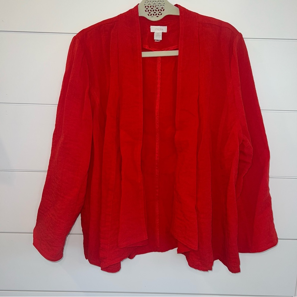 Chico’s Cardigan Size 2 (L) Red Open Front 3/4 Sleeve Layering Chic Draped Light